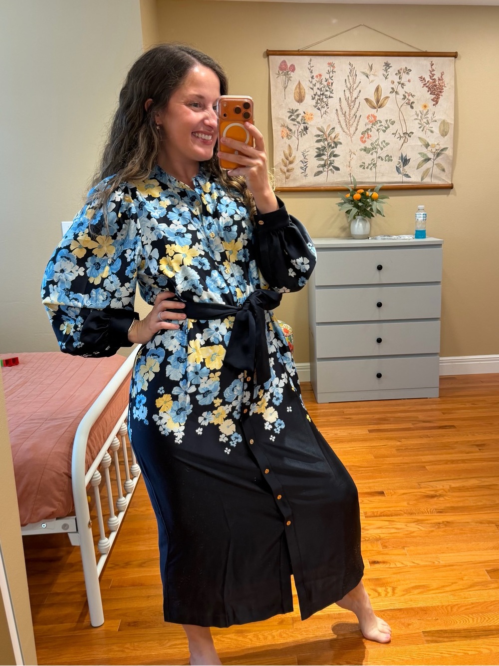 Ann Taylor Blue Floral Satin Midi Maxi Belted Shirt Dress 12
